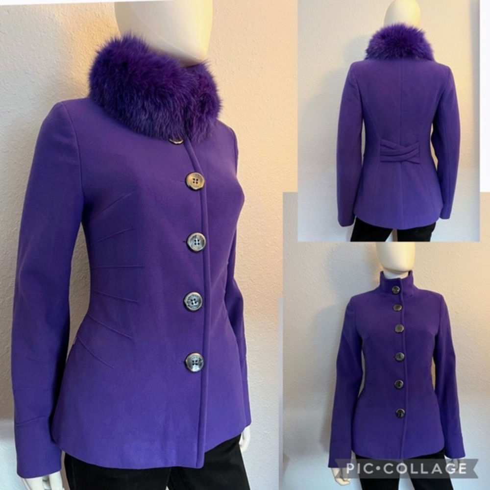 NWT WOMEN SHORT COAT DYED REAL FUR COLLAR WOOL LINED SINLE-BREASTED JACKET